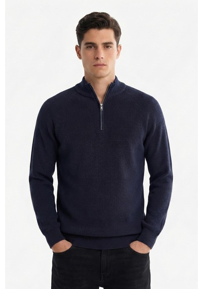 Sabri Özel Erkek Lacivert Dar Kesim Slim Fit Dokulu Örme Fermuarlı Yarım Balıkçı Yaka Triko Kazak Sabri Özel Erkek Lacivert Dar Kesim Slim Fit Dokulu Örme Fermuarlı Yarım Balıkçı Yaka Triko Kazak