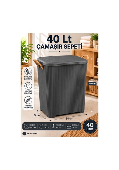 Liva Loft 40 L Kapaklı Çamaşır Sepeti Halat Saplı Gri - 918657149 Gri
