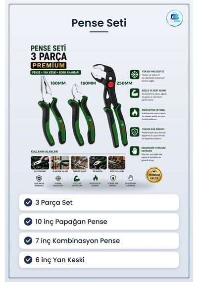 Pense Seti 3 Parça Premium 10 İnç Papağan 7 Kombinasyon 6 Yan Kes