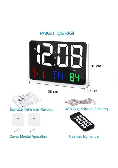 Yenilz Dijital Duvar Saati Renkli Hd Led Ekran 25x16 Cm Tarih Gün Siyah