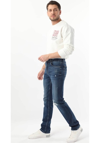 Erkek Dizi Yırtık Jean Pantolon Koyu Mavi 001