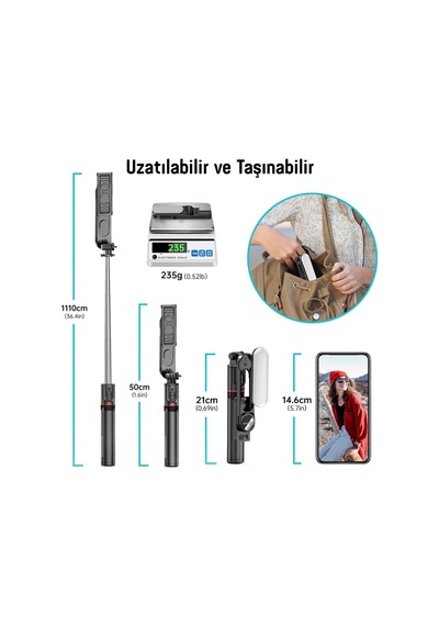 Led Işıklı Selfie Çubuğu & Tripod 111 Cm Uzatılabilir, 360 Döner Telefon Tutucu, Çıkarılabilir Bluetooth Diğer