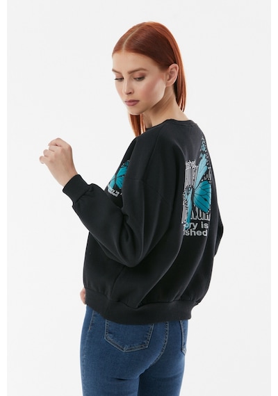 Fullamoda Kelebek Baskılı Oversize Sweatshirt- Siyah 24KGB890189618-Siyah