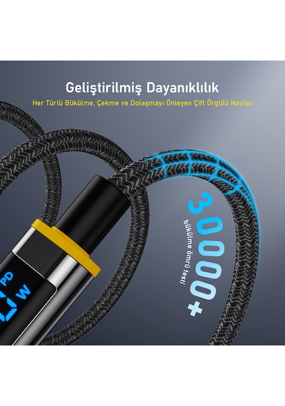 Aohi Magline PD 3.1140 W USB-C To USB-C Led Ekranlı Örgülü Süper Hızlı Şarj Data Kablosu 1.2 M