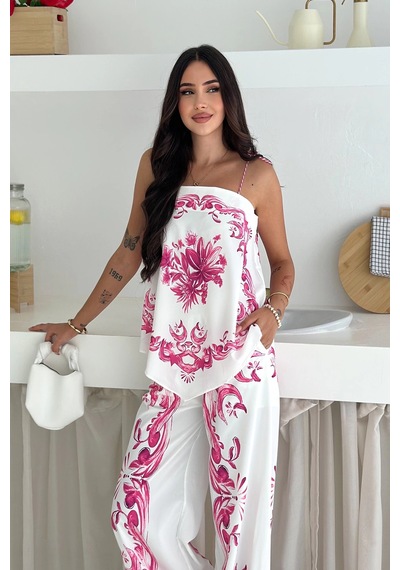 Asprin Fashion İthal Jessica Kumaş Desenli İkili Takım Pembe Pembe