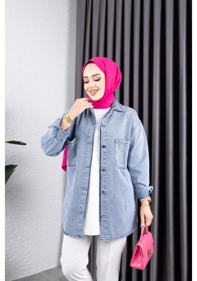 Harman Butik Kadın Taş Detaylı Kar Yıkamalı Denim Kot Ceket Mavi Mavi