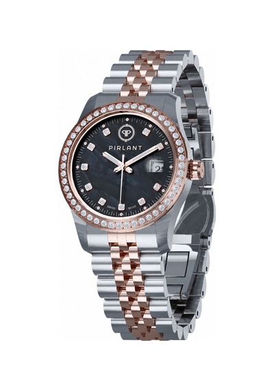 Pırlant Siyah Sedef Kadranlı Kadın Kol Saati Rose Gold - Gümüş