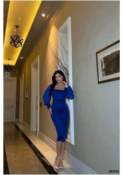 Lior Design Kadın Sade Saten Kumaş Kare Yaka Balık Kesim Abiye Elbise Saks