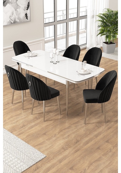 Canisa Edaf Serisi 80x132 Açılabilir Beyaz Mutfak Masa Takımı 6 Siyah Sandalye Krom Detay Masa Beyaz Sandalye Siyah Ayak Gold Canisa Edaf Serisi 80x132 Açılabilir Beyaz Mutfak Masa Takımı 6 Siyah Sandalye Krom Detay Masa Beyaz Sandalye Siyah Ayak Gold