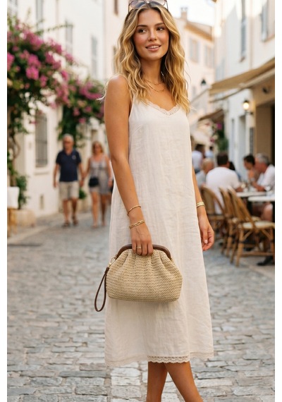 Vivazzaluxe Vintage Model Örme Hasır Kadın Portföy Clutch Çanta Krem