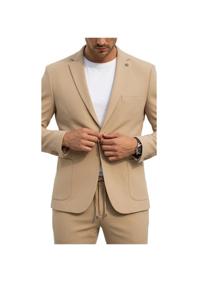 Erkek Gofre Desenli Takım Elbise Bağcıklı Pantolon Duble Paça Tek Düğme Modern Slim Fit Bej