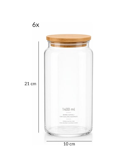 6 Lı Vakumlu Bambu Kapaklı Cam Saklama Kavanozu 1400 Ml Büyük Boy Hava Geçirmez Set Sızdırmaz Şık Xl Şeffaf