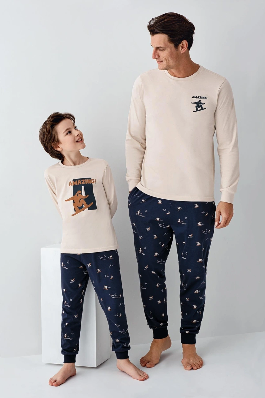 Arnetta Garson Erkek Çocuk Amazing %100 Pamuk 4 Mevsim Baba-oğul Uzun Kollu Pijama Takım Bej