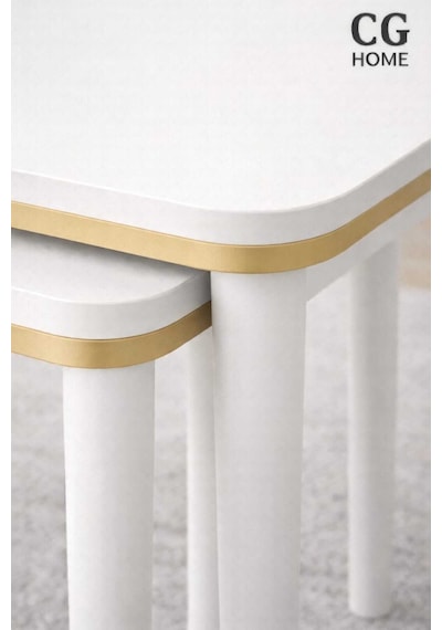 Ant Home Sahra 4 Lü Zigon Sehpa Seti Komple Lake Boyalı Gold Detaylı Modern Yan Sehpa Ekru