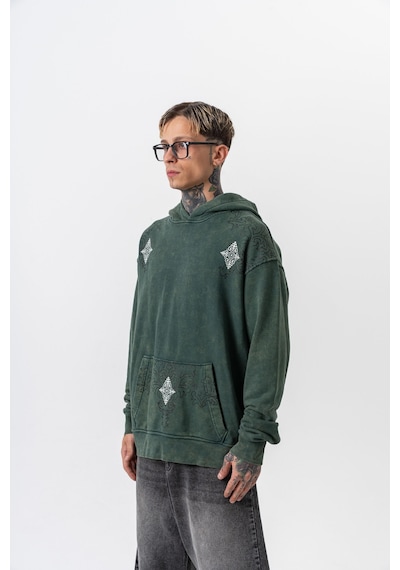 Respire Erkek 10 Baskılı Yıkamalı Kapüşonlu Oversize Hoodie Yeşil
