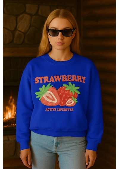 Benroma 3 İplik Penye Strawberry Baskılı Unisex Sweatshırt Çok Renkli