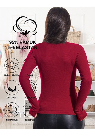 Alya Underwear Kaşkorse Tam Boğazlı Body Sweatshirt, Fitilli Kumaş, Likralı, Gül Kurusu Bordo