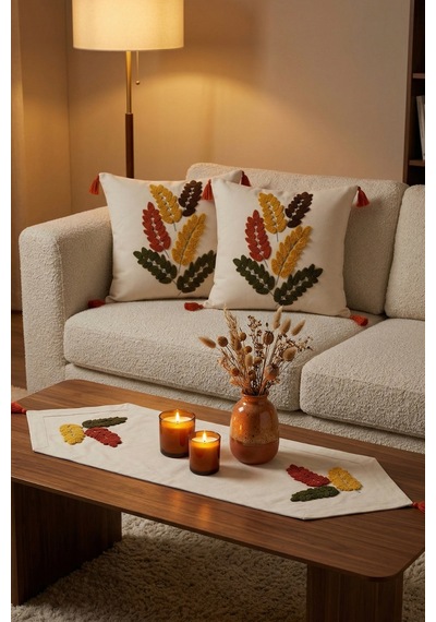 Autumn Leaf Punch Nakışlı Kırlent & Runner Seti 2 Kare Kırlent Kılıfı + 1 Runner Bej