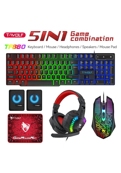 Apphirex Oyuncu 5-ın-1 Rgb Aydınlatmalı Gaming Full Ekipman Seti Q Klavye+mouse+mousepad+kulaklık+hoparlör Lazer
