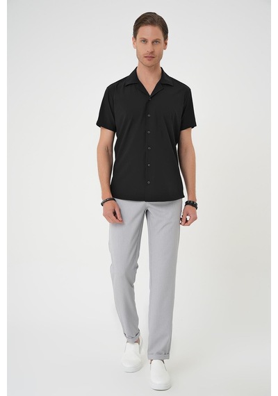 Efor Slim Fit Apaş Yaka Kısa Kol Esnek Casual Siyah Gömlek G 1589 Siyah