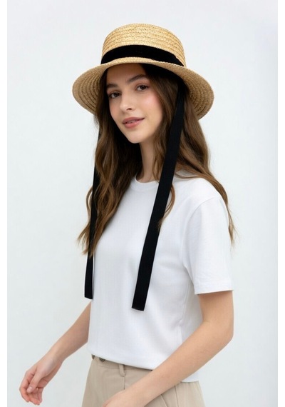 Mollycrush Kadın Bağlamalı Hasır Boater Şapka Siyah Kurdele Detaylı Vintage Gondolcu Yazlık Stil Hasır