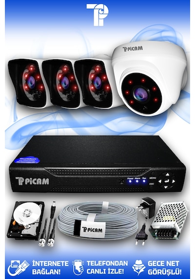 Picam 4 Kameralı Kare 1 İç Kamera Set 320 GB HDD Full HD Gece Görüşlü Güvenlik Kamerası Sistemi