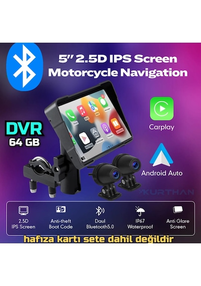 2 Tekerli Araçlar İçin 5'' Dvr Monitör + Ön Ve Arka Kamera Carplay Ve Android Auto