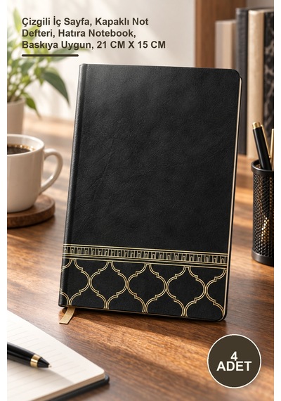 4 Adet Siyah Deri Defter Çizgili İç Sayfa, Kapaklı Not Defteri, Hatıra Notebook, Baskıya Uygun, 21 Cm X 15 Cm 1