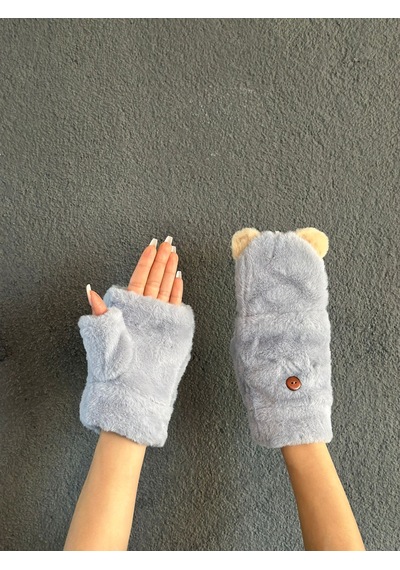 Gönülden Tasarım Kukla Peluş İçi Kürklü Açılır Parmak Nakış İşleme Kadın Eldiven Mavi