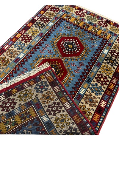 El Dokuma Sıfır Yahyalı Halısı 86x145 Kilim Modeli Mavi Kırmızı Kök Boya Halı