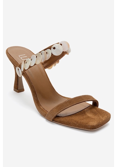 Luvishoes Arund Taba Süet Hakiki Deri Sedef Pul Aksesuarlı Kadın İnce Topuklu Terlik