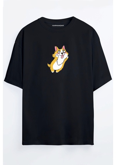 Kawaii Köpek Baskılı Oversize T-shirt Siyah