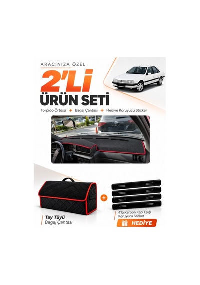 Peugeot 405 1987-1992 Uyumlu Torpido Örtüsü + Tay Tüyü Bagaj Çantası + Sticker - Siyah Kırmızı