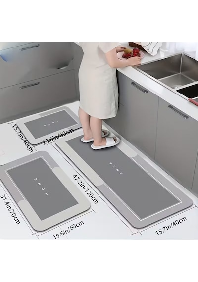 Nobera 3 Lü Banyo Paspas Seti Kaymaz Kauçuk Tabanlı, Ultra Emici, Hızlı Kuruyan 3'lü Takım Gri