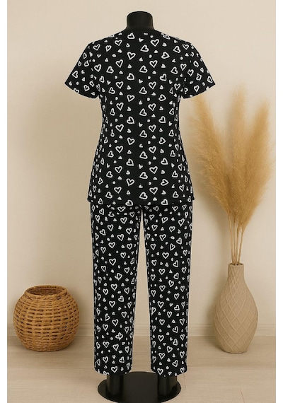 Moda Dua Kadın Siyah Beyaz Desenli Fiyonklu Kısa Kollu Pijama Takımı