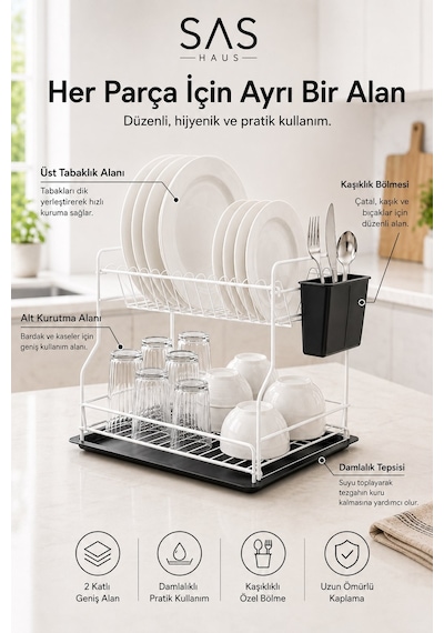 Sas Haus   2 Katlı Metal Bulaşıklık Kaşıklıklı Ve Damlalıklı Tezgâh Üstü Bulaşık Kurutmalık Dtb-02 Beyaz