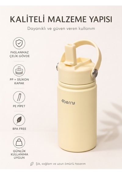 350 Ml Kulplu Pipetli Çelik Termos Bardak Bpa Free, Taşınabilir Mini Termos, Krem Renk