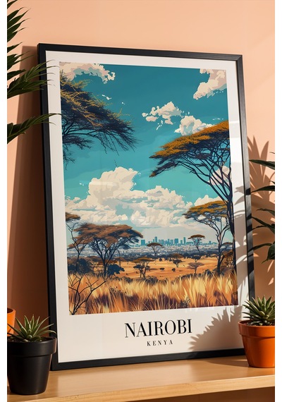Nairobi Kenya Vintage Seyahat Posteri Çerçeveli Tablo - Premium Afrika Savana Elit Duvar Dekoru Siyah