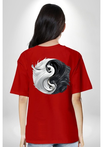 Siyah Beyaz Ying Yang Kırmızı Oversize Unisex Ön Ve Sırt Baskılı Tişört Kırmızı
