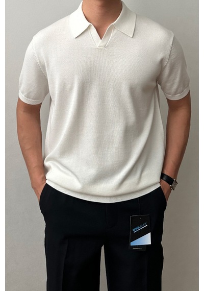 Cool Tarz Erkek Beyaz Patlı Kısa Kollu Polo Yaka Triko T-shirt Beyaz Beyaz