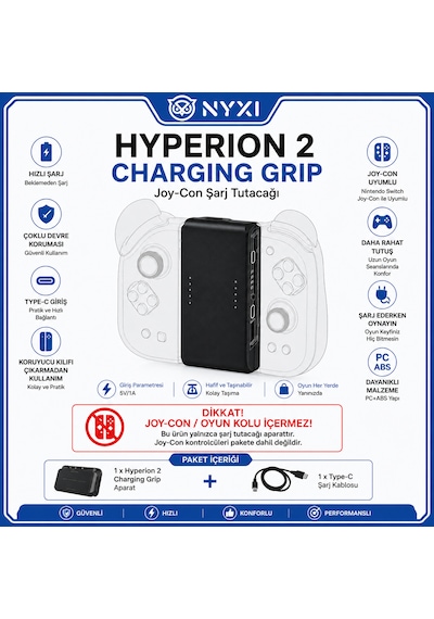 Nyxı Hyperion 2 Charging Grip Joy-con Şarj Aparatı, Type-c Hızlı Şarj, Koruyucu Kılıf Uyumlu Kol Dahil Değildir