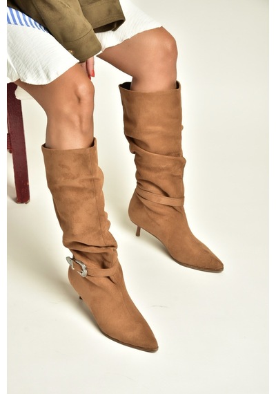 Fox Shoes Z726105702 Taba Süet İnce Topuklu Büzgülü Kadın Çizme