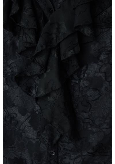 Sateen Fırfırlı Nakışlı Şifon Gömlek - Siyah-137455