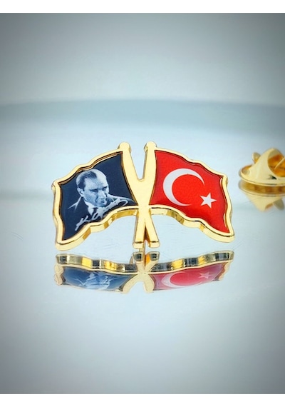 Yörük Tasarım Türk Bayrağı & Atatürk Altın Kaplama Mineli Döküm Yaka Rozeti