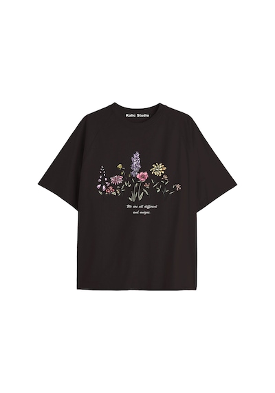 Kalic Studio Kadın Çiçek Özel Baskılı Renkli Oversize Penye Pamuklu Bisiklet Yaka T-shirt Siyah-18