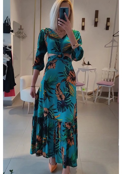 Fashion Cocktail Egzotik Palmiye Desenli Tokalı Göğüs Tasarım Pencereli Yırtmaçlı Uzun Havuz Başı Kokteyl Maxi Elbise Mavi Fashion Cocktail Egzotik Palmiye Desenli Tokalı Göğüs Tasarım Pencereli Yırtmaçlı Uzun Havuz Başı Kokteyl Maxi Elbise Mavi
