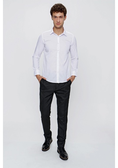 İmza Beyaz Uzun Kol Düz Bez Ayağı 041 Sert Yaka Basic Slim Fit Gömlek 1004245057 Beyaz