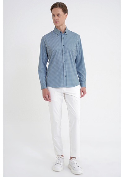Slim Fit Pötikare Baskılı Pamuklu Yaka Düğmeli Yeşil Gömlek G 1604