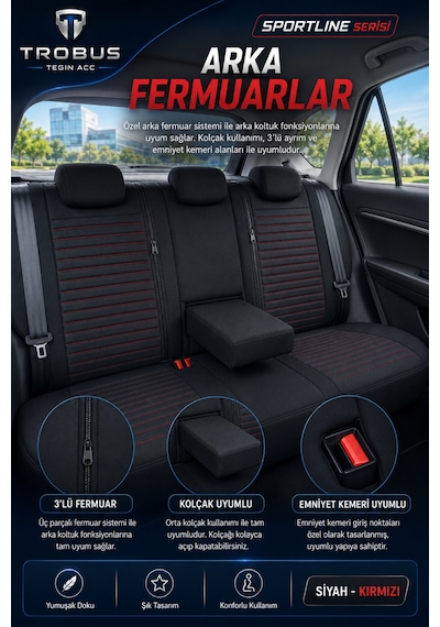 Honda Civic Fe Kasa 2021 Ve Sonrası Uyumlu Sportline Serisi Siyah Kırmızı Oto Koltuk Kılıfı