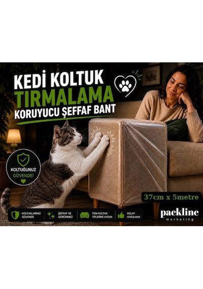 Packline Marketing Kedi Koltuk Tırmalama Koruyucu Şeffaf Yapışkanlı Mobilya Tırmalama Önleyici Bandı 37cm X 5metre